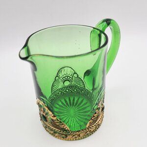 Green Gold Lacy Medallion EAPG US Glass Creamer Early American Pressed Glass